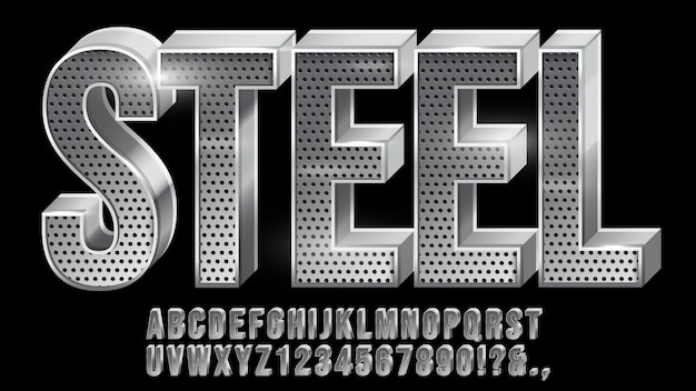 Perforated steel font Metal typeface metallic letter and chrome numbers with grid texture vector set