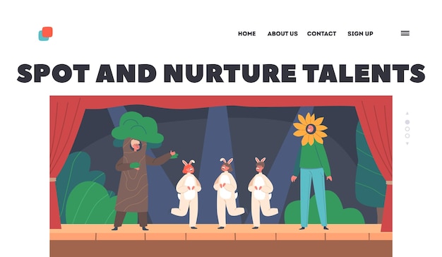 Performance on Theatrical Scene Landing Page Template Children in Funny Costumes of Tree Sunflower Rabbits Artists