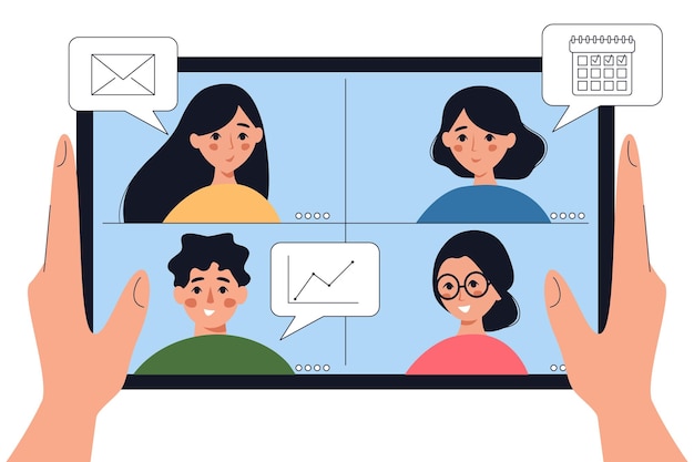 Vector person holding tablet and communicating via internet. hands and smartphone close up.