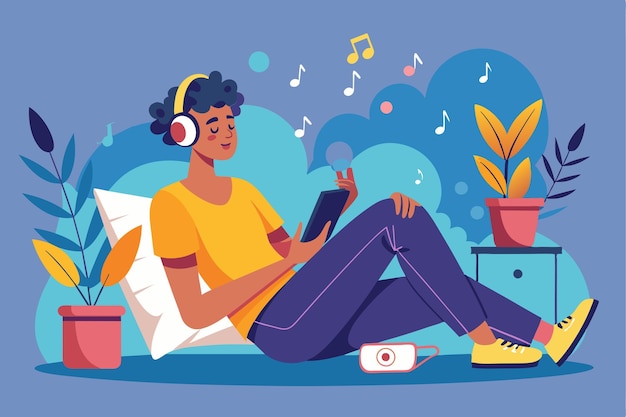 Vector a person relaxes at home engaging with a mobile device while enjoying soothing music relax while listening to music