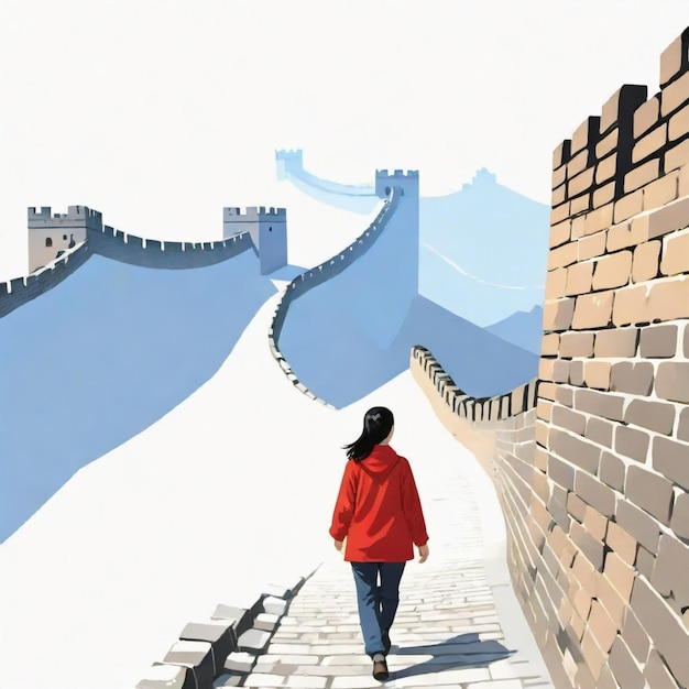 Vector person walking along the great wall of china vector set white background isolated