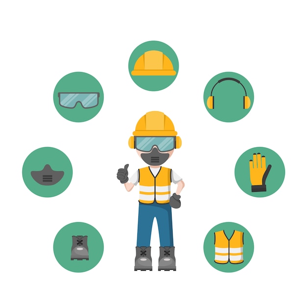 Vector person with your personal protection equipment and industrial safety icons