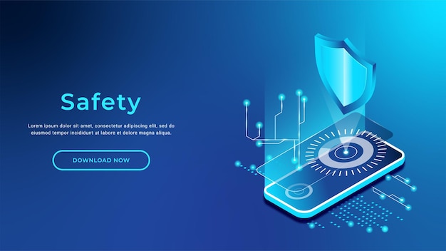 Vector personal data protection on the phone cybersecurity concept banner with phone isometrics