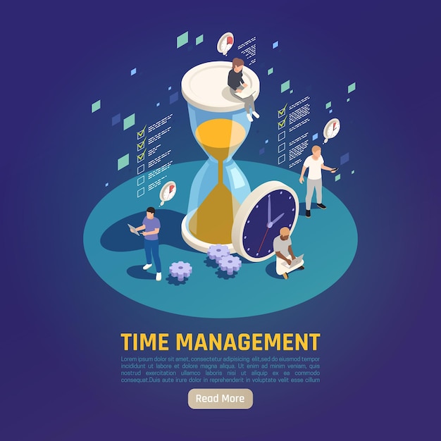 Personal growth time management skills development circular isometric composition with clock hourglass