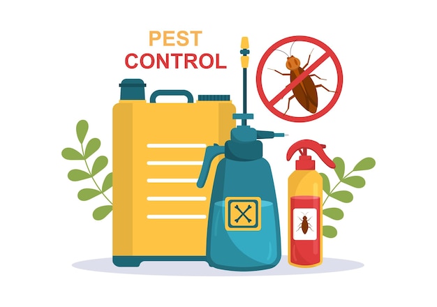 Vector pest control service with exterminator of insects in flat cartoon background illustration