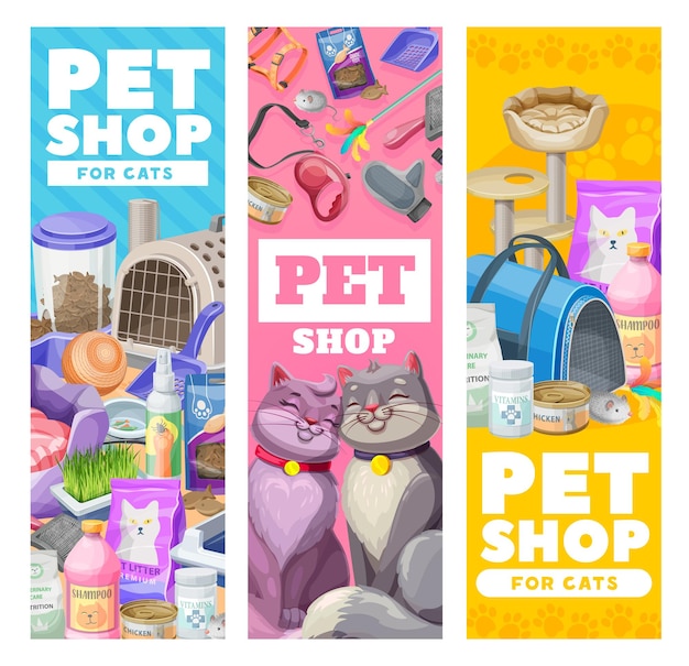 Vector pet care banners, cat care items and toys. vector zoo shop goods for cats and kitten. equipment for feline domestic animals feed, bag and grass, leash with shampoo and claw sharpener ad promo cards