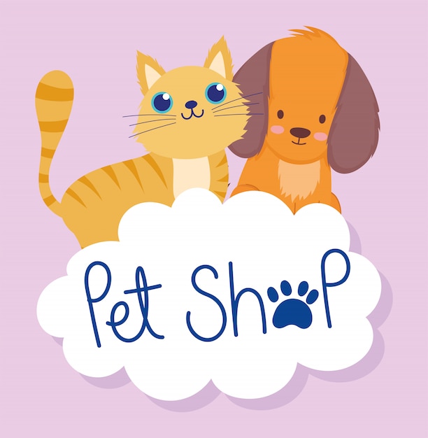 Vector pet shop, cute little cat and dog cloud cartoon domestic vector illustration