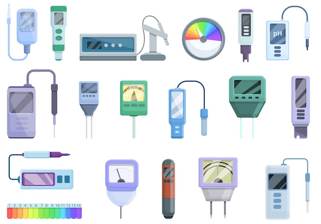 Ph meter icons set. Cartoon set of ph meter vector icons for web design