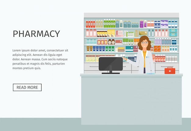 Pharmacist female character at the counter. Drugstore interior with simple text. Vector illustration.