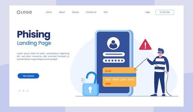 Phishing Hacker Attack Concept Hackers Stealing Personal Data Internet Security with Tiny Character Insert Password on Website Cartoon People Vector Illustration landing page