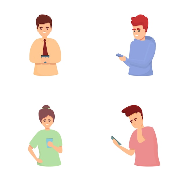 Phone addiction icons set cartoon vector People looking at phone and chatting