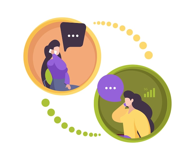 Phone dialogue. Two persons smartphone communication calling characters garish vector flat illustrations. People communication chatting, online speak by smartphone