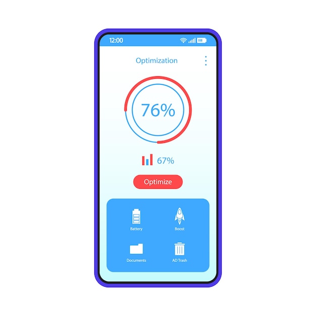 Phone optimizer, cleaner interface vector template. Mobile optimization app page blue design layout. Booster application screen. Flat UI. Battery boosting, trash deleting options on smartphone display