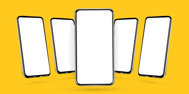 Phone realistic perspective  of five rotated angled smartphones.