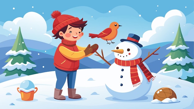 Vector photorealistic depiction of child building snowman with robin perched on its twig arm