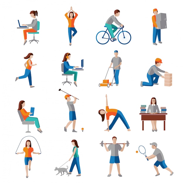 Physical activity healthy lifestyle characters set isolated vector illustration.