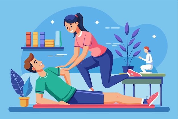 Vector a physiotherapist assists a relaxed patient on a semi flat surface enhancing mobility in a bright room phisiotherapy customizable semi flat illustration