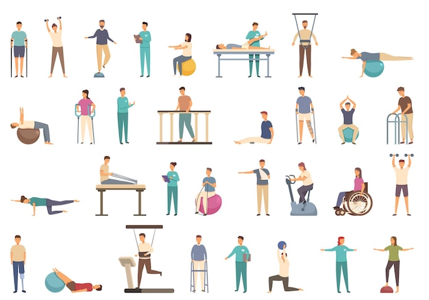 Vector physiotherapy icons set cartoon vector treatment exercise