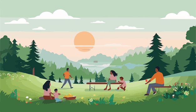 Vector picnic in the forest people picnic in the park vector illustration