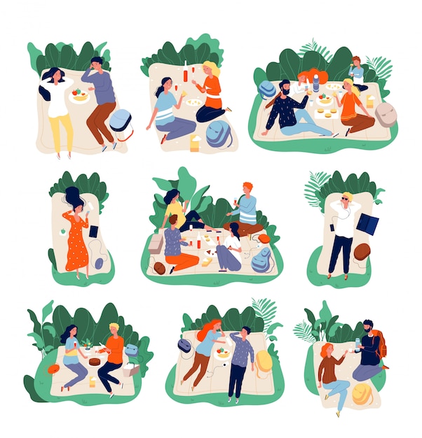 Vector picnic friends. people eating in park healthy happy family outdoor  characters illustrations