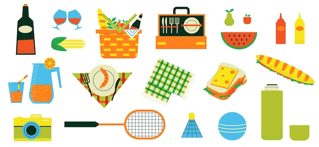 Picnic set Wicker straw basket with fruits and drinks Family weekend and summer party collection Blanket and dinnerware Food or refreshing beverages Vector outdoor vacation tools