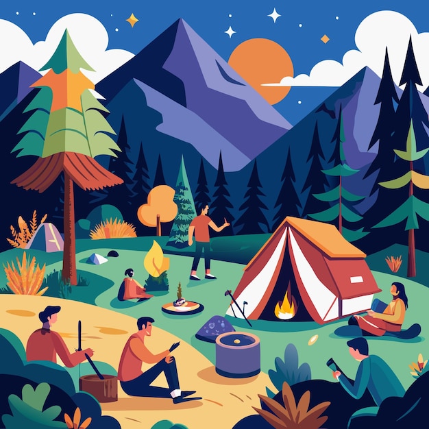 Vector a picture of a camping scene with a tent and people sitting in the grass