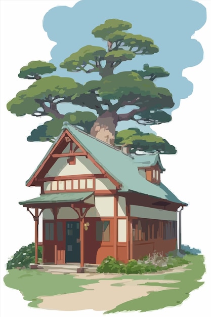 a picture of a house with a green roof and a tree on the top