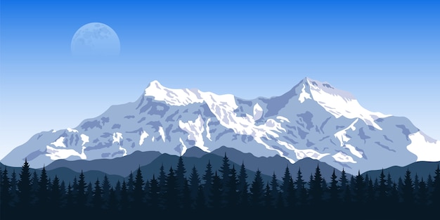 Picture of a mountain range with forest silhouette and moon on background, travel, tourism, hiking and trekking concept