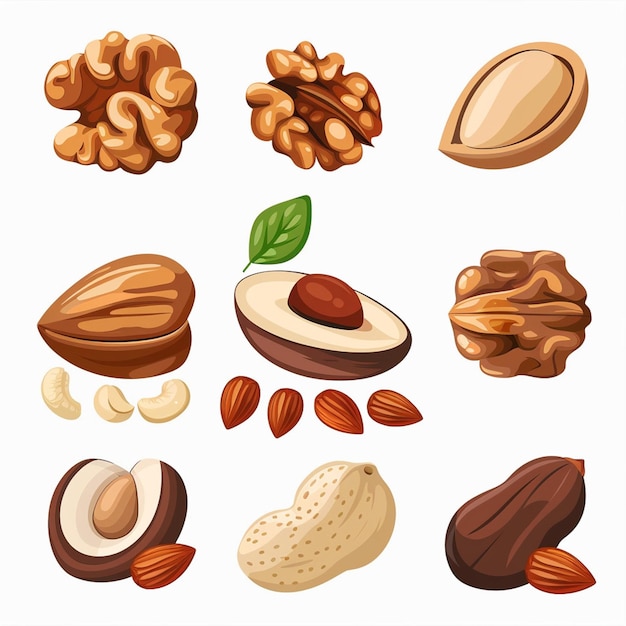 Vector a picture of nuts and nuts including one that has a leaf