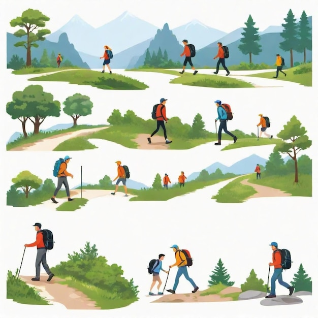 Vector a picture of people hiking in a park with mountains in the background