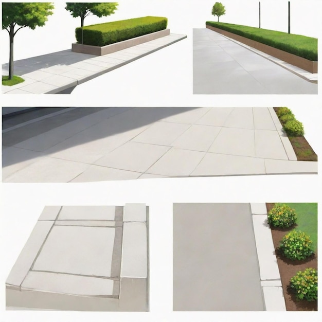 Vector a picture of a sidewalk with a square planter and a concrete walkway