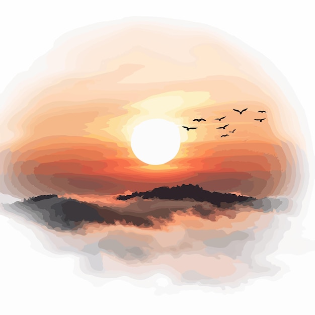 Vector a picture of a sunset with birds flying over a mountain