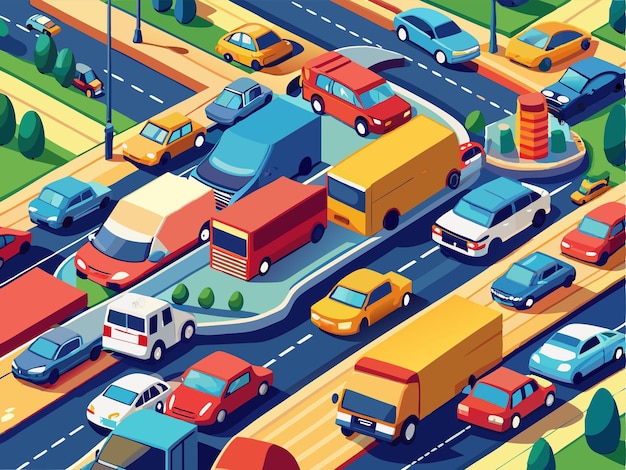 Vector a picture of a traffic jam with cars and trucks