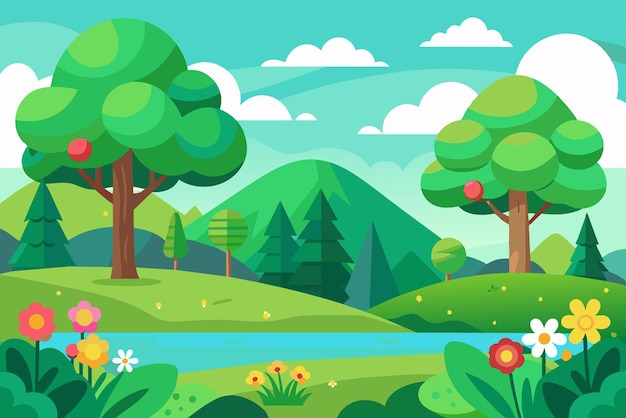 Vector a picturesque landscape features tall trees colorful flowers and a calm river surrounded by green hills under a bright blue sky with fluffy clouds