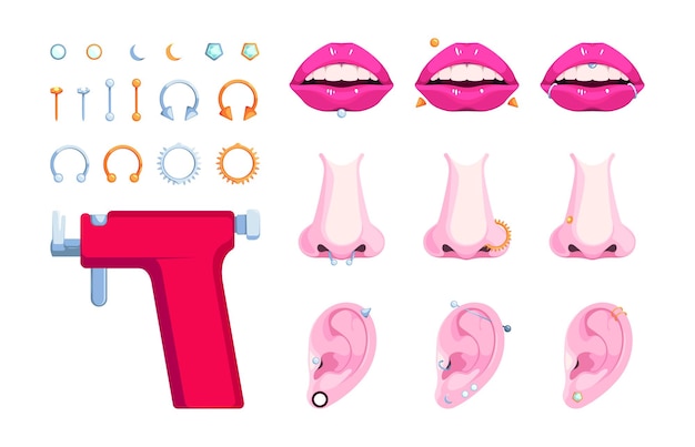 Piercing face Body decoration metallic geometrical symbols rings dots arrows brackets garish vector steel accessories for piercing nose head lips eyes nose garish vector set