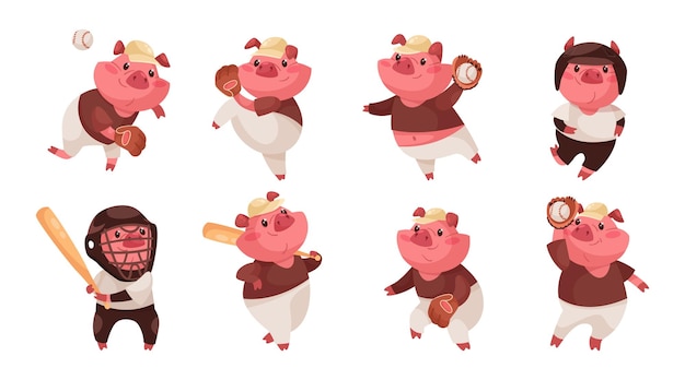 Pig cartoon character playing baseball vector illustrations set