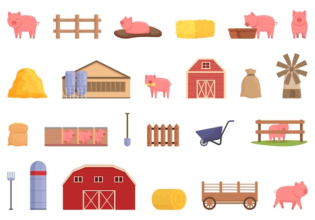 Pig farm icons set cartoon vector Pork animal