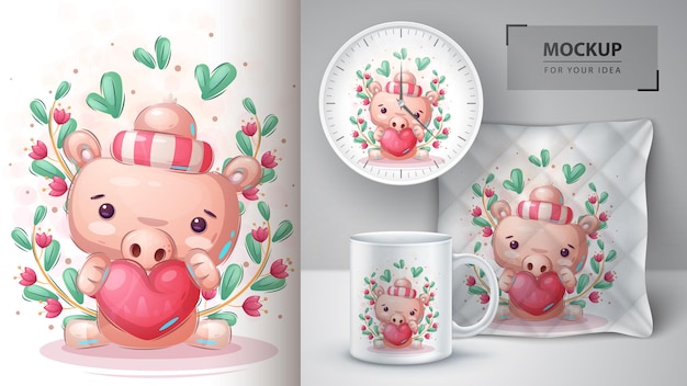 Pig with heart poster and merchandising.