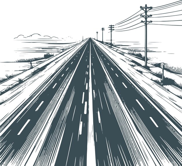 Vector pillars standing along a straight road stretching to the horizon vector monochrome drawing