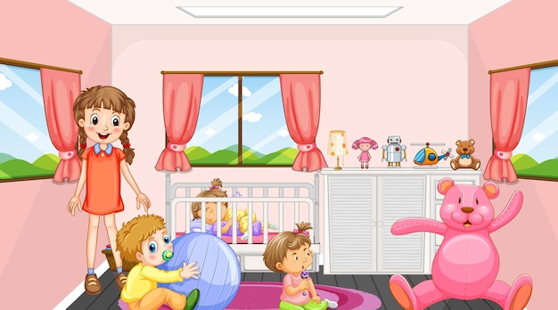 Vector pink bedroom scene with a girl and babies