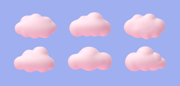 Vector pink clouds cartoon soft pink rounded cloud 3d shapes for game and animation magic sunset clouds isolated on blue background vector set