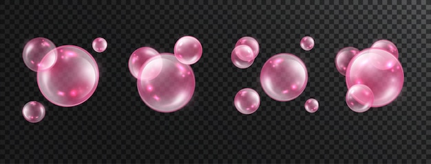 Pink collagen bubbles set isolated on transparent background Vector realistic shine sphere or soap bubble 3D illustration