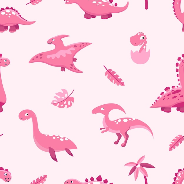 Pink dino pattern Cute cartoon dinosaurs leaves and palm Pastel color girly seamless texture Funny prehistoric characters vector print