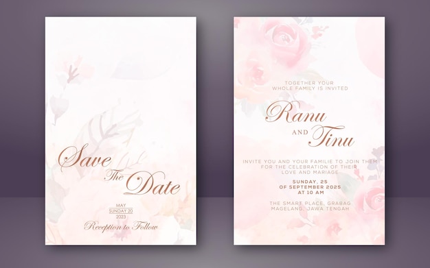 Vector pink flower and white wedding invitation template