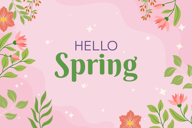 Pink flowers and green leaves framing rectangular space soft background Playful script text Hello Spring seasonal design and promotion Evoking feeling of renewal and fresh starts that spring brings