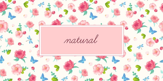 Vector pink flowers and hand written word natural