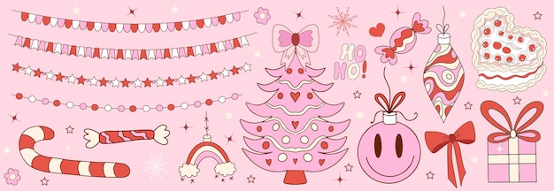 Vector pink girly coquette christmas set merry christmas and happy new year lovely cute collection