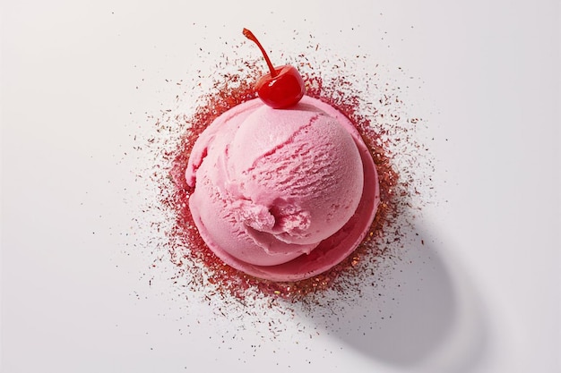 a pink ice cream with a cherry on top of it