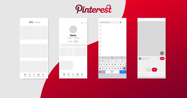 Vector pinterest interface mockup pinterest pages mockup white red background social media layout icons social media interface template editorial interface mockup of pinterest vector illustration