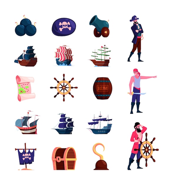 Pirate characters Old style wooden pirate battleship and aggressive fighters with weapons bottle treasures bomb and spyglass garish vector flat illustrations set